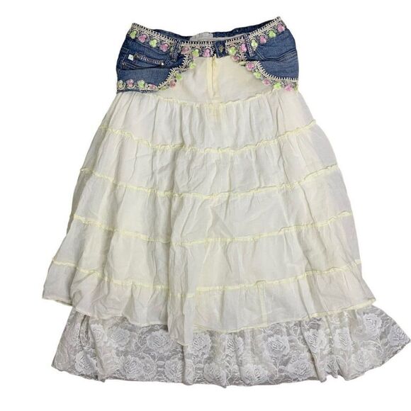 Vintage 90s Embellished Tiered Skirt M Cream Denim Lace Country Prairie Western